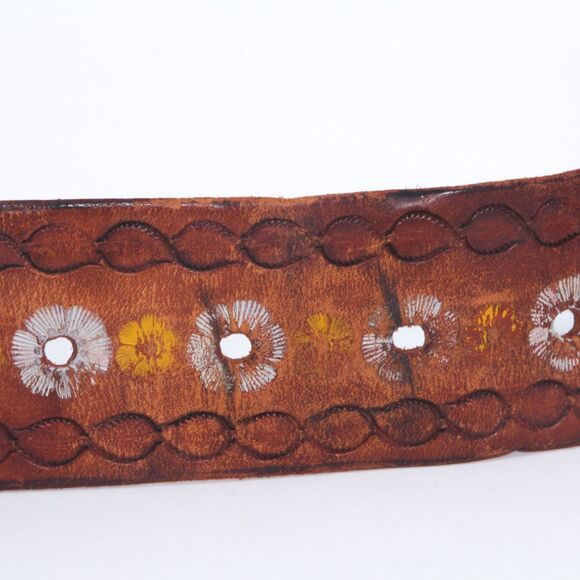 Cesar Ugarte Vintage Boho Western Painted Flower Hand Tooled Leather Belt, 30\